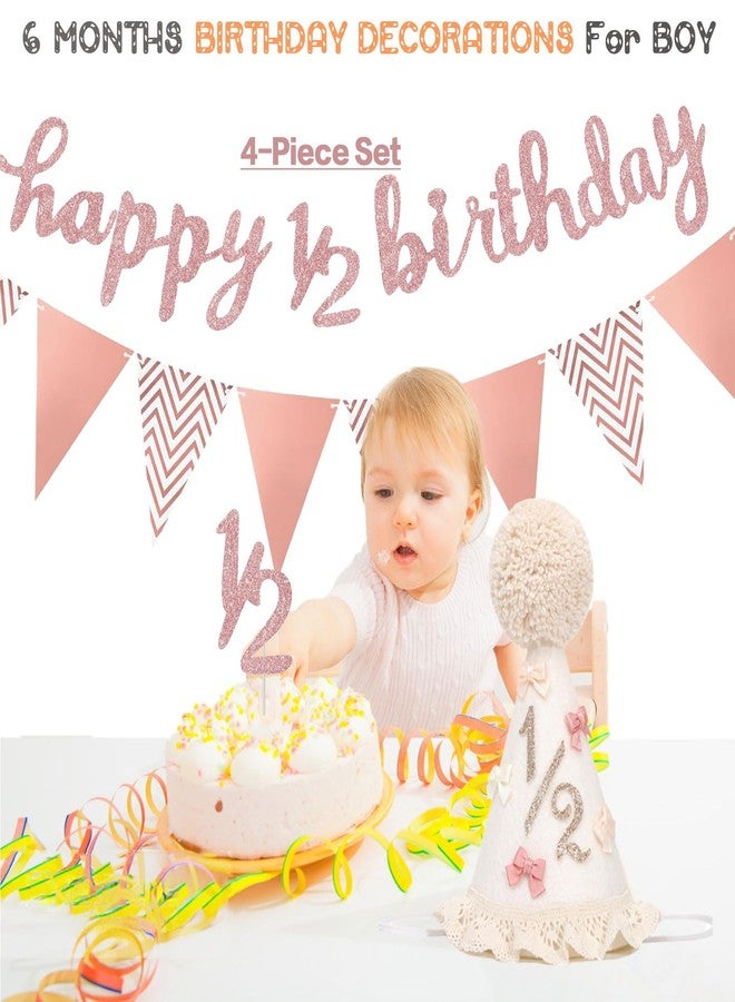 QIOOLEEO Half Birthday Decorations Set for 6 Months Party - Includes Baby Cone Hat, Glitter Cake Topper, Happy 1/2 Birthday Banner, Triangle Flags for Baby Boy Girl Shower Photoshoot - Image 3