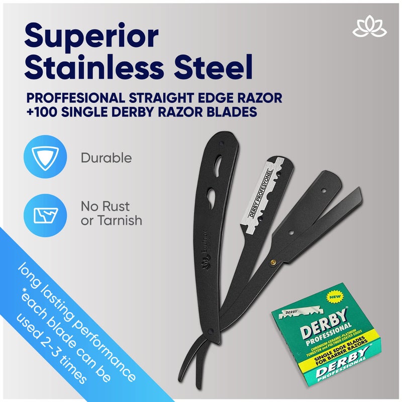 Equinox International Equinox Professional Straight Edge Razor with 100 Single Derby Blades 100% Stainless Steel Razor and Blades - Close Shaving Men's Manual Shaver - Disposable Blades -Barber Straight Razor Kit - Black - Image 2