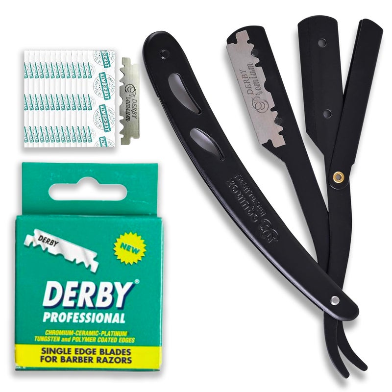 Equinox International Equinox Professional Straight Edge Razor with 100 Single Derby Blades 100% Stainless Steel Razor and Blades - Close Shaving Men's Manual Shaver - Disposable Blades -Barber Straight Razor Kit - Black - Image 1