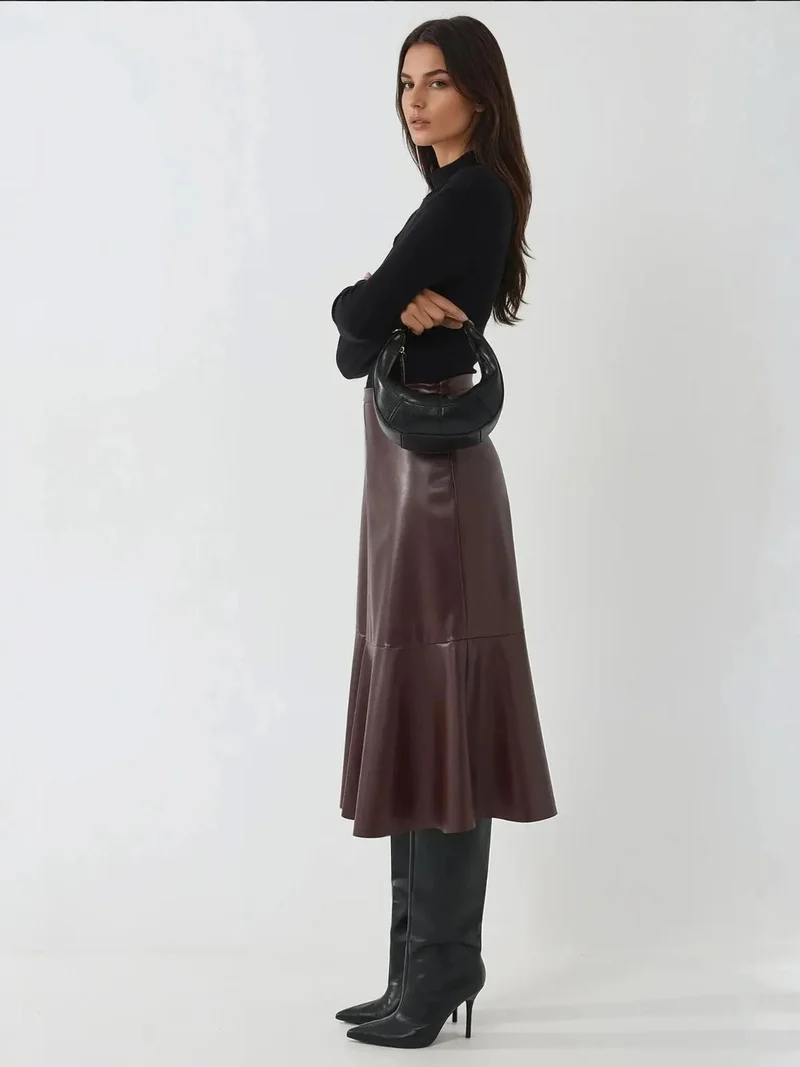 Hiccup Burgundy Red High Waist Faux Leather Midi Skirt for Women | Best Price UAE