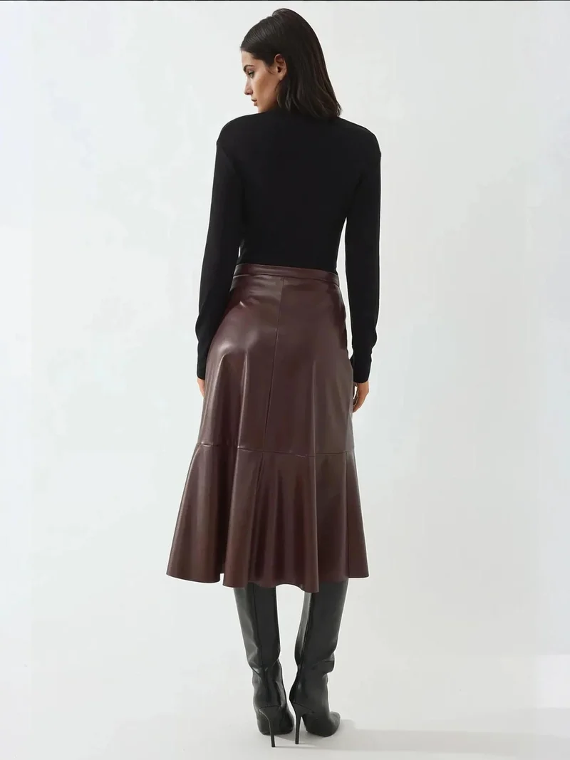 Hiccup Burgundy Red High Waist Faux Leather Midi Skirt for Women | Best Price UAE