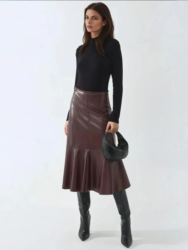HICCUP High Waist Faux Leather Midi Skirt
