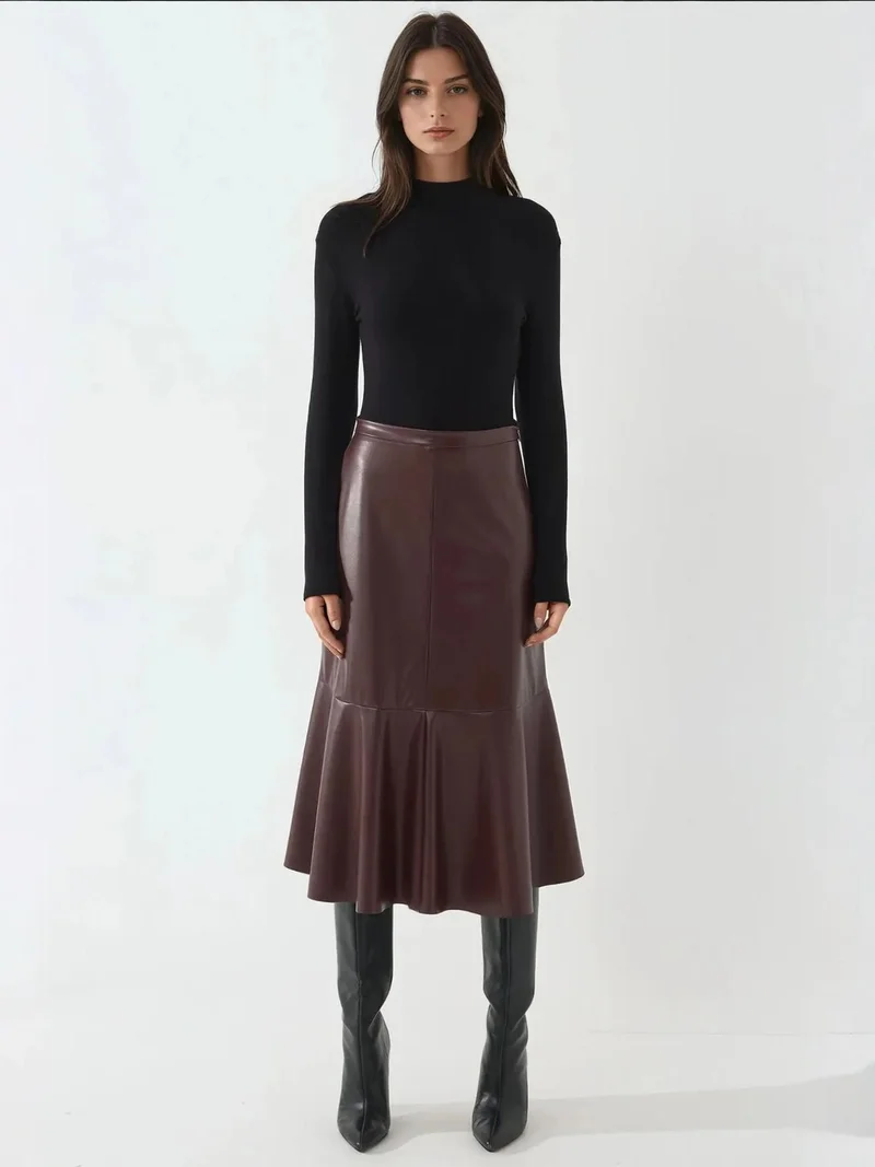 Hiccup Burgundy Red High Waist Faux Leather Midi Skirt for Women | Best Price UAE