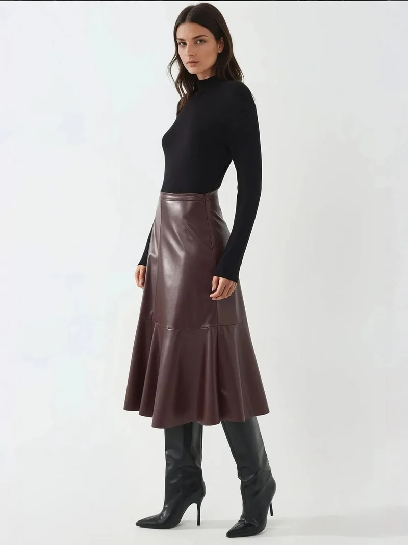 Hiccup Burgundy Red High Waist Faux Leather Midi Skirt for Women | Best Price UAE