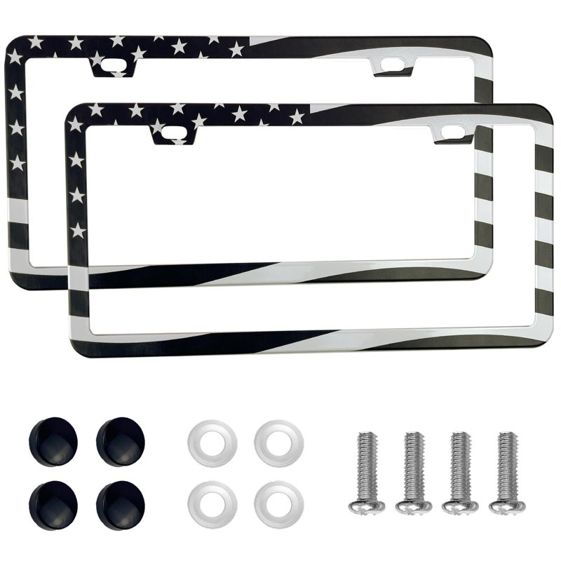 lengnoyp 2PCS Premium American Flag License Plate Frame, Black License Plate Frames, 2 Holes Solid Stainless Steel License Plate Holder, Universal Car License Plate Frame for USA Flag, by Lengnoyp - Image 1