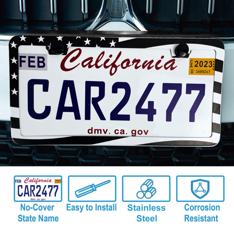 lengnoyp 2PCS Premium American Flag License Plate Frame, Black License Plate Frames, 2 Holes Solid Stainless Steel License Plate Holder, Universal Car License Plate Frame for USA Flag, by Lengnoyp - Image 5