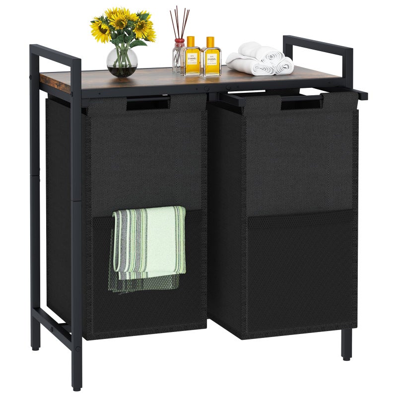 Huhote Laundry Hamper, double Laundry Basket, Laundry Sorter with Top Shelf & 2 Removable Washable Bags & Side Pockets for Laundry Room organization, Bathroom and Dorm, Rustic Brown and Black - Image 1