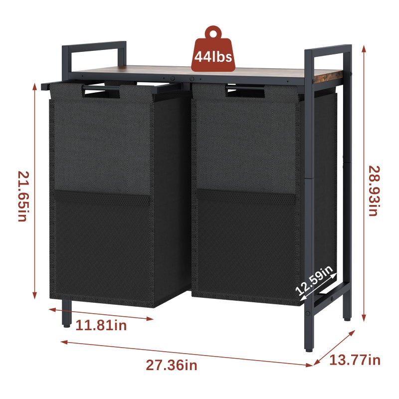 Huhote Laundry Hamper, double Laundry Basket, Laundry Sorter with Top Shelf & 2 Removable Washable Bags & Side Pockets for Laundry Room organization, Bathroom and Dorm, Rustic Brown and Black - Image 3