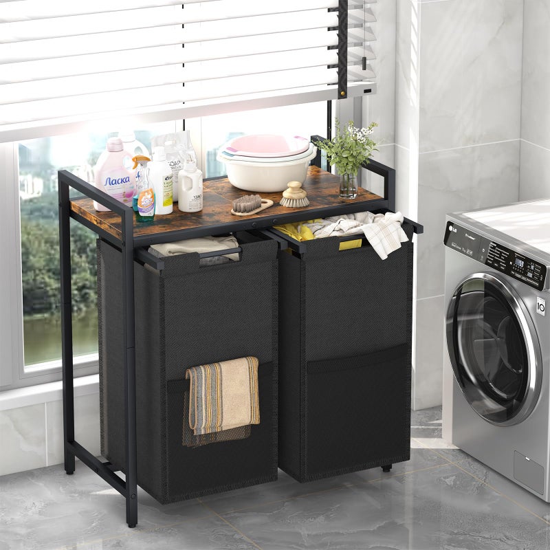 Huhote Laundry Hamper, double Laundry Basket, Laundry Sorter with Top Shelf & 2 Removable Washable Bags & Side Pockets for Laundry Room organization, Bathroom and Dorm, Rustic Brown and Black - Image 2