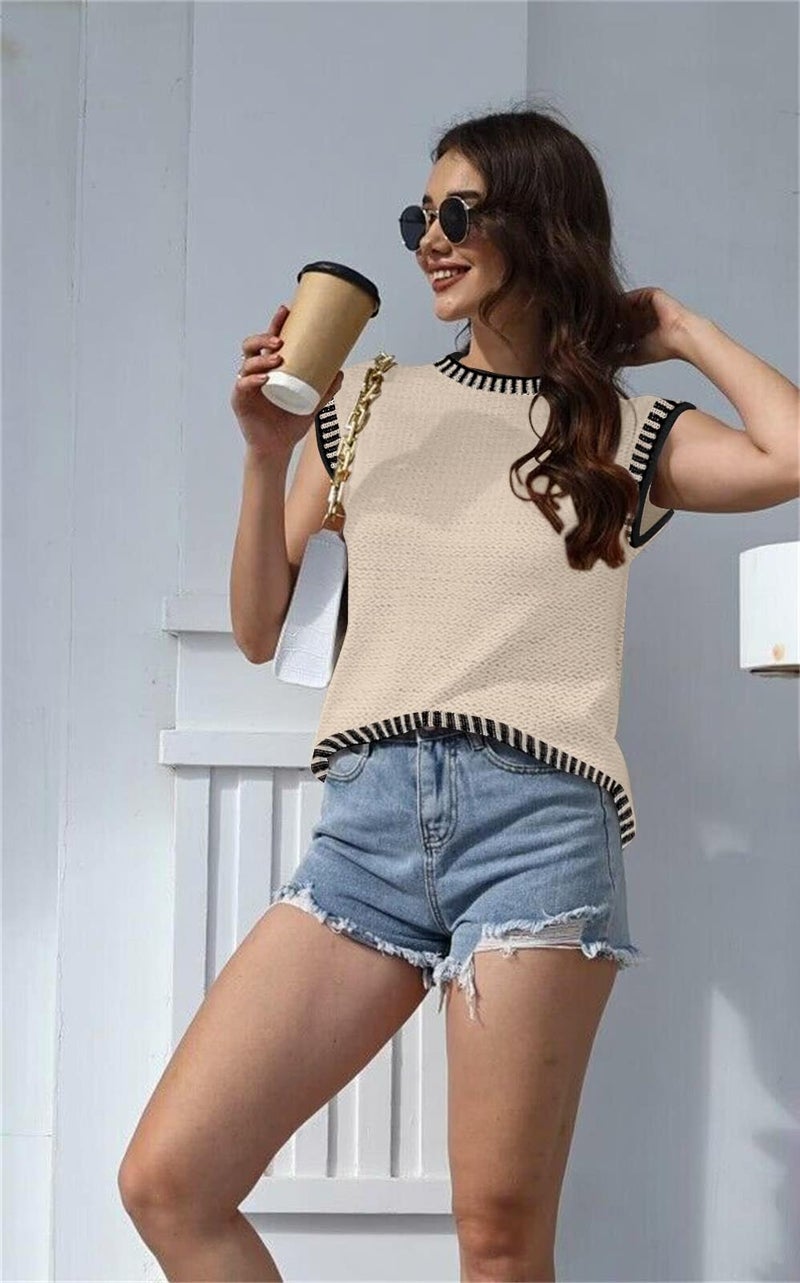Disamer Cap Sleeve Knit Sweater Tops Sleeveless Vest 2026 Spring Clothes Oversized Summer Tank Trendy Short Sleeve T Shirts,Line Apricot,Medium - Image 2