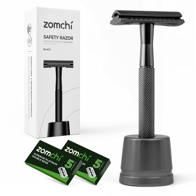 ZOMCHI Double Edge Safety Razor with 10 Safety Razor Blades Single Blade Razor for Men with Razor Stand Mens Safety Shaving Razors  Black
