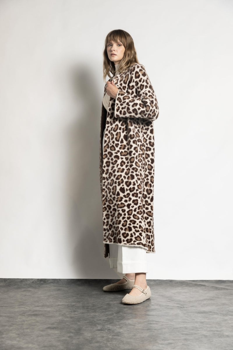 Tena Women's Stone Leopard Patterned Long Cardigan  - Image 2