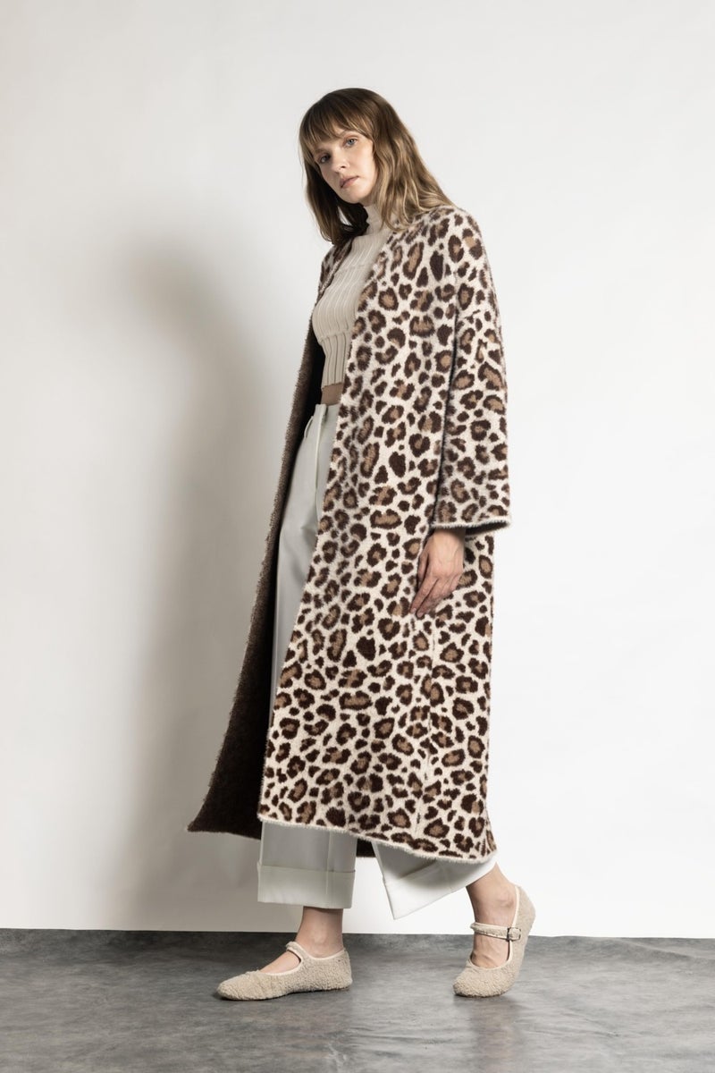 Tena Women's Stone Leopard Patterned Long Cardigan  - Image 3