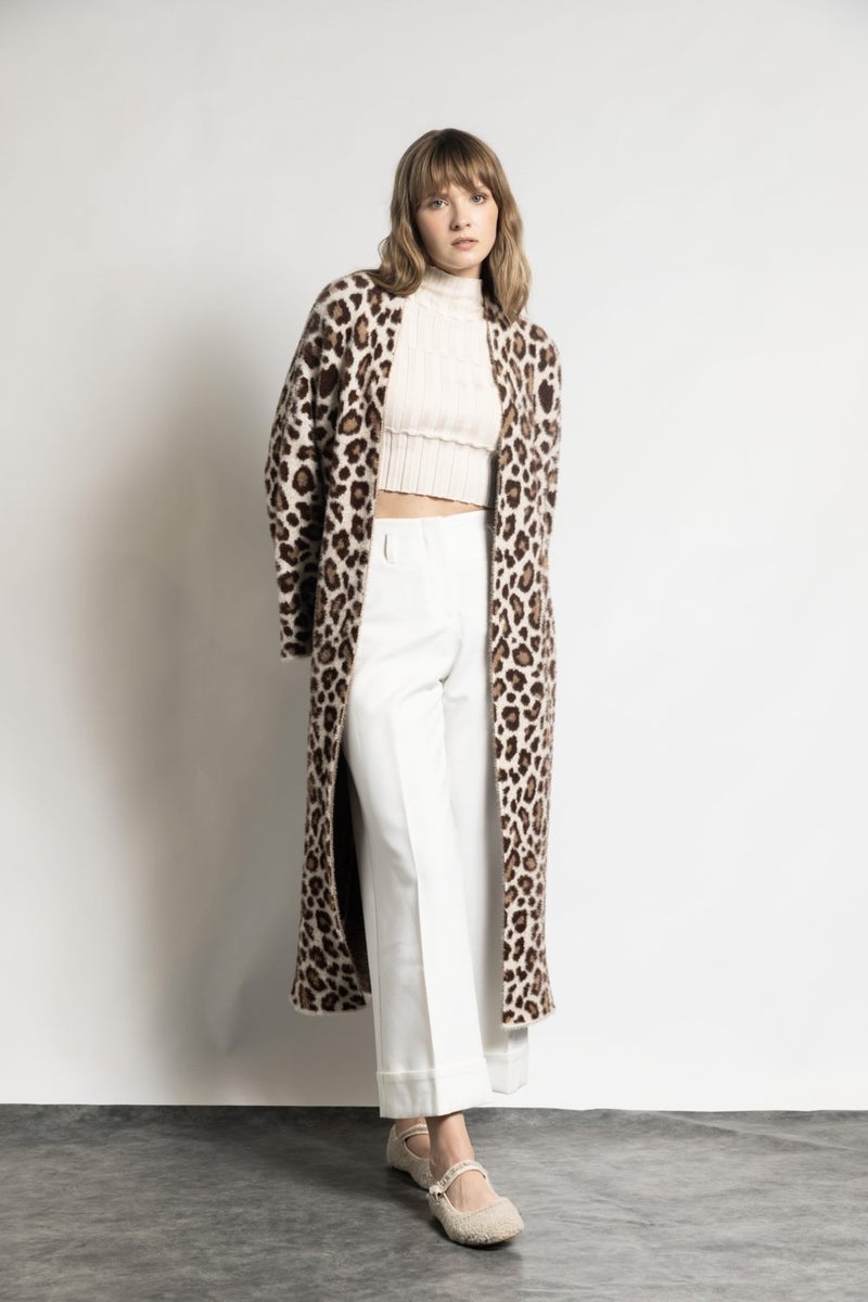 Tena Women's Stone Leopard Patterned Long Cardigan  - Image 4