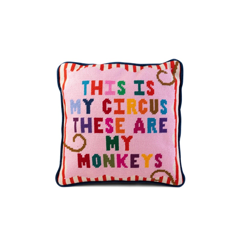 FURBISH Handmade Needlepoint Decorative Throw Pillow - My Circus - 11"x11" - Small Embroidered Designer Pillow for Living Room, Couch, Sofa, Chair & Bed - Eclectic Home Decor - Image 1