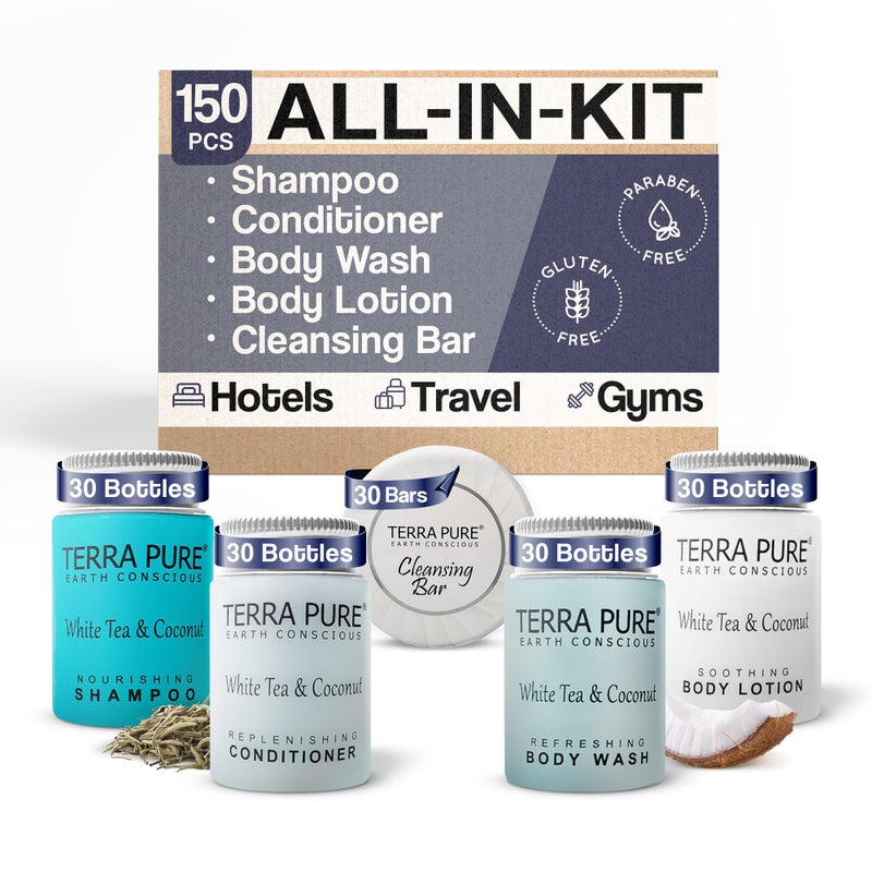 Terra Pure Terra Pure White Tea  Coconut Toiletries Set  1Shoppe Amenities Kit  1oz Shampoo  Conditioner Body Wash Lotion 125oz Bar Soap  Travel Size  150 Pieces