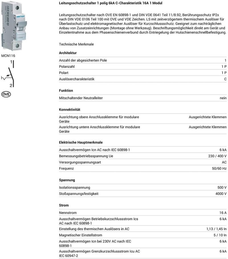 Hager Miniature Circuit Breaker - MCB 1pole-made In France 16A(MCN116)-Made in EU - Image 3