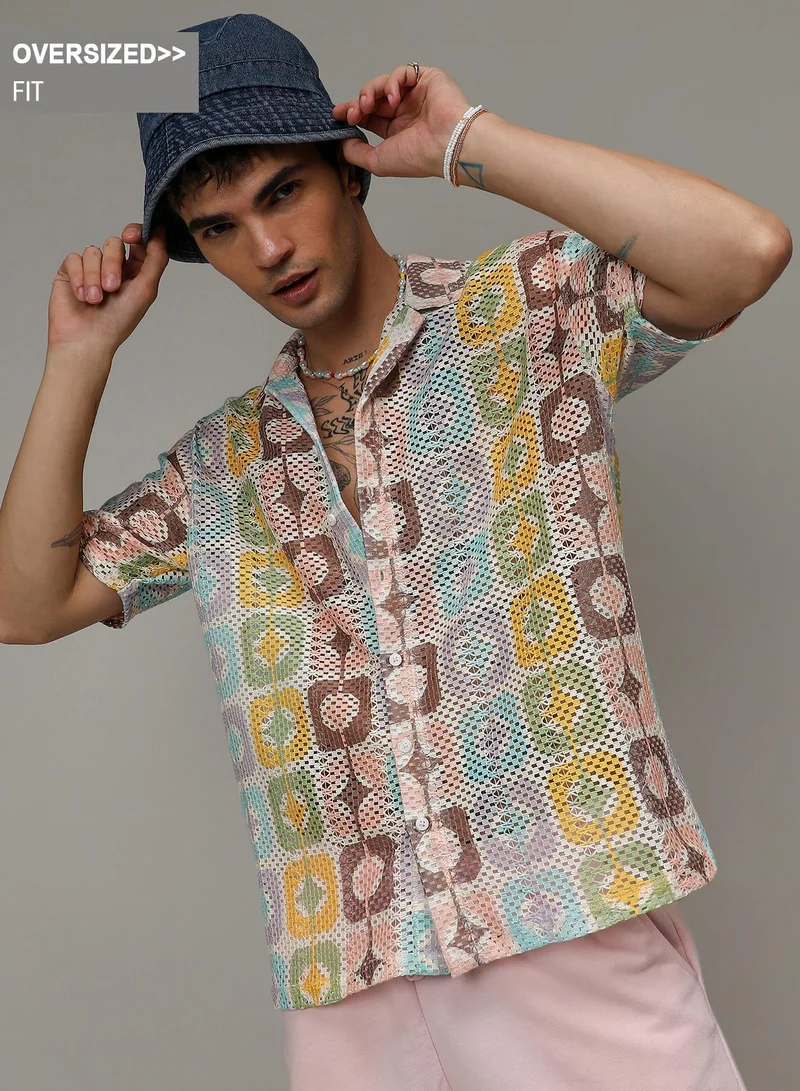 Campus Sutra Campus Sutra Men's Lemon Yellow & Chocolate Brown Geometric Block Oversized Shirt For Casual Wear | Spread Collar | Short Sleeve | Button Closure | Shirt Crafted With Comfort Fit For Everyday Wear