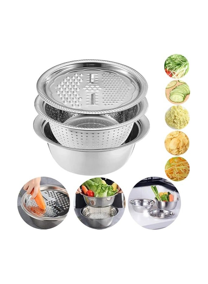 TeeBetter Multifunctional Stainless Steel Basin with Grater Vegetable Cutter with Drain Basket Bowl Set 3 in 1 Cheese Grater Ginger Grater with Strainer Basin for Kitchen Washing Vegetables (30cm) - Image 1