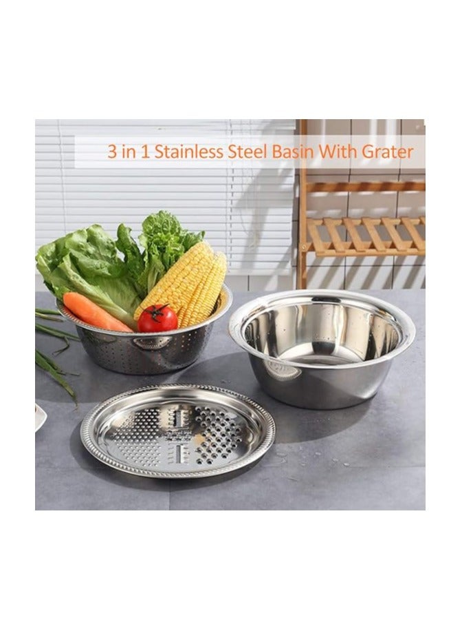 TeeBetter Multifunctional Stainless Steel Basin with Grater Vegetable Cutter with Drain Basket Bowl Set 3 in 1 Cheese Grater Ginger Grater with Strainer Basin for Kitchen Washing Vegetables (30cm) - Image 4