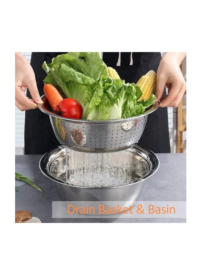 TeeBetter Multifunctional Stainless Steel Basin with Grater Vegetable Cutter with Drain Basket Bowl Set 3 in 1 Cheese Grater Ginger Grater with Strainer Basin for Kitchen Washing Vegetables (30cm) - Image 3