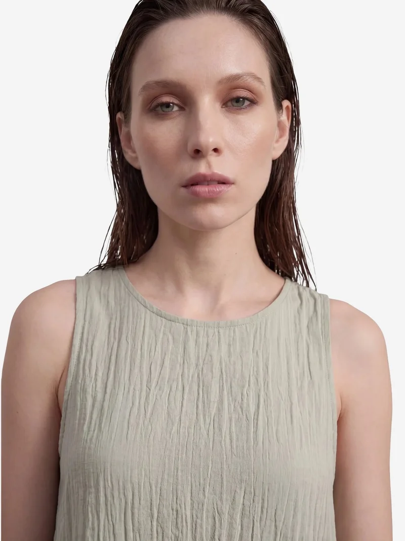 My Fashion Sage Green MY FASHION Loose Mini Dress in Textured Lyocell for Women | Best Price UAE
