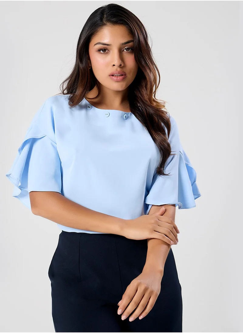 Zigzag Flared Sleeve Chiffon Top-Light Blue