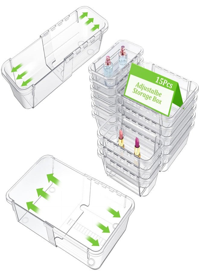 xozeooeu 15-Piece Extendable Drawer Organizer Set, 2-Size Adjustable Clear Plastic Storage Bins for Bathroom Vanity, Makeup, Kitchen Utensils & Office Supplies - Image 1