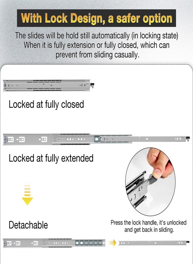 YENUO Heavy Duty Drawer Slides Full Extension With Lock Side Mount 12 14 16 18 20 22 24 26 28 30 32 34 36 40 Inch Ball Bearing Metal Rails Track Guide Glides Runner 150 Lbs 1 Pair (With Lock, 16 inch) - Image 4