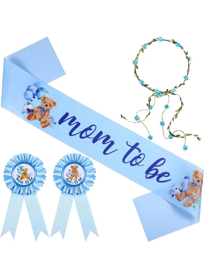 4-Piece Bear Theme Blue Mom to Be Sash, Baby Shower Dad to Be Pin and Flower Crown Headband Set for Gender Reveals Party, Baby Shower Party Favors Decorations for Boys and Girls, Pregnancy Photo Props Keepsake Gifts - Image 1