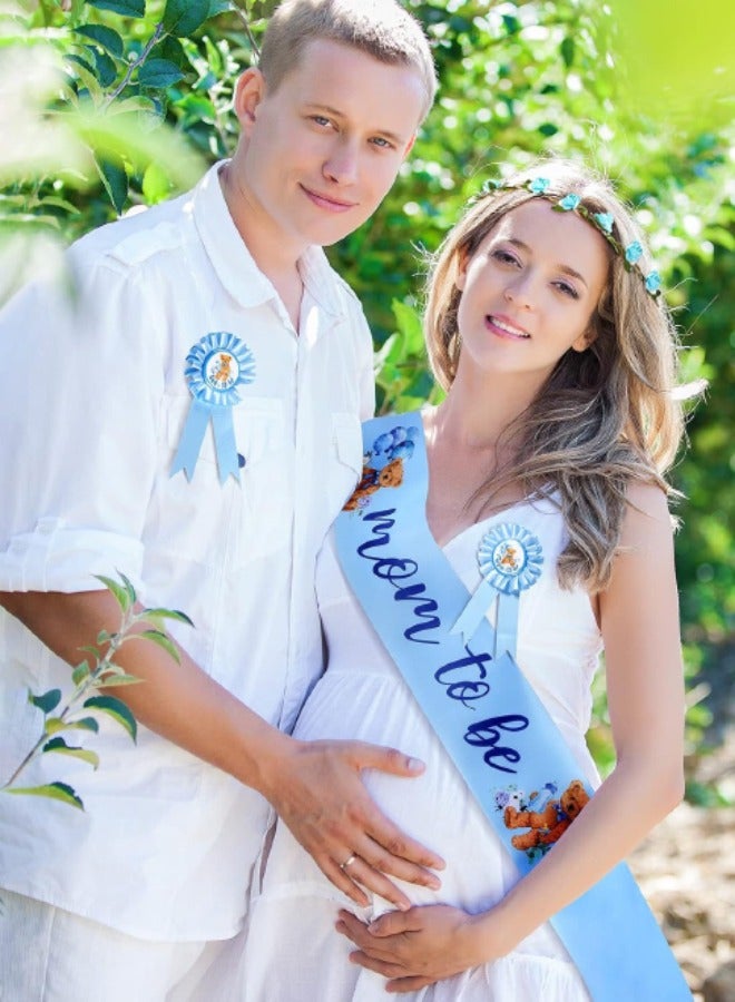 4-Piece Bear Theme Blue Mom to Be Sash, Baby Shower Dad to Be Pin and Flower Crown Headband Set for Gender Reveals Party, Baby Shower Party Favors Decorations for Boys and Girls, Pregnancy Photo Props Keepsake Gifts - Image 2