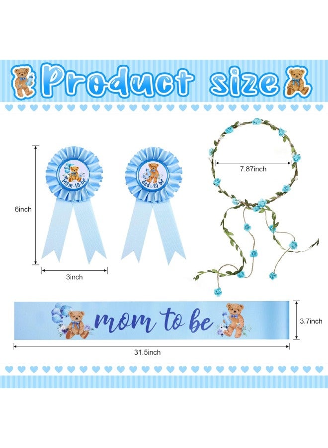 4-Piece Bear Theme Blue Mom to Be Sash, Baby Shower Dad to Be Pin and Flower Crown Headband Set for Gender Reveals Party, Baby Shower Party Favors Decorations for Boys and Girls, Pregnancy Photo Props Keepsake Gifts - Image 3