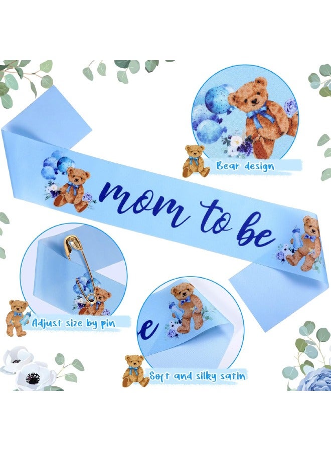 4-Piece Bear Theme Blue Mom to Be Sash, Baby Shower Dad to Be Pin and Flower Crown Headband Set for Gender Reveals Party, Baby Shower Party Favors Decorations for Boys and Girls, Pregnancy Photo Props Keepsake Gifts - Image 4