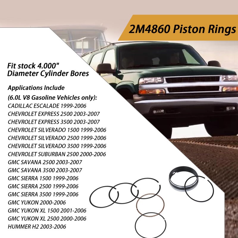 Generic XTPTFABS 2M4860 Piston Rings(8-Cyl Ring kits) Compatible With 1999-2006 Chevrolet Gen III 364 6.0L LQ4 LQ9(Replace2M4860) Piston Rings - 4.000 in Bore -1.5 x 1.5 x 3.0 mm Thick - Standard Tension  - Image 2