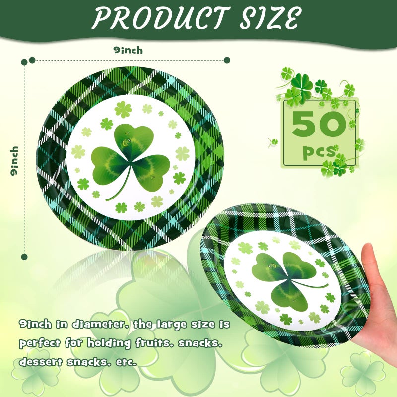 Rtteri 50 Pcs St Patrick's Day Paper Plates Disposable Shamrocks Plate 9 Inch Lucky Clover Round Plates for Irish Holiday Party Supplies Themed Tableware - Image 2
