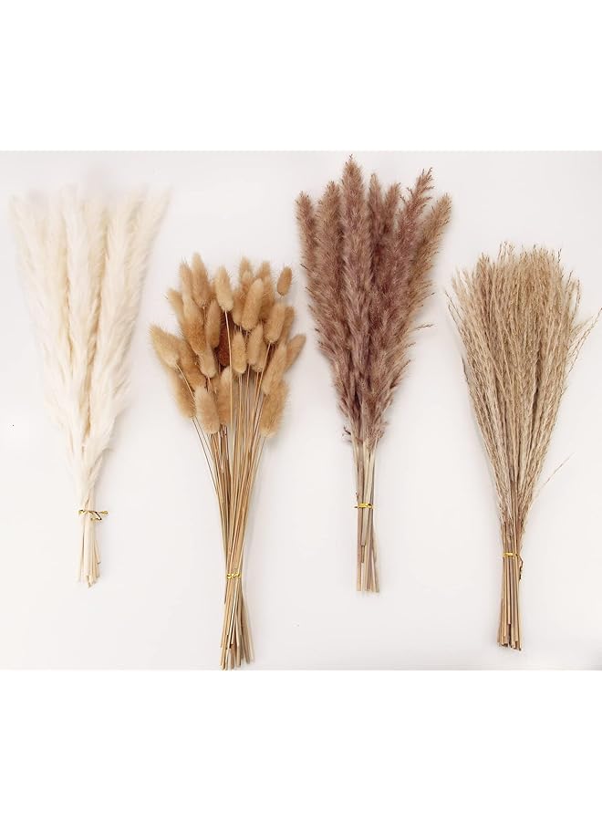 Dried Pampas Grass Decor, 100 PCS Pampas Grass Contains Bunny Tails Dried Flowers, Reed Grass Bouquet for Wedding Boho Flowers Home Table Decor, Rustic Farmhouse Party (White and Brown)