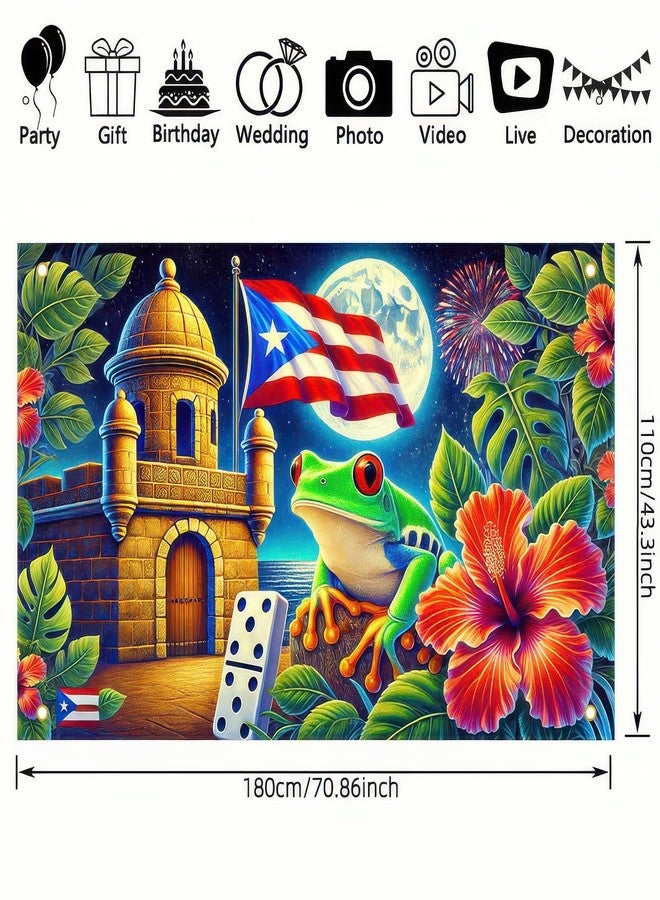 BlissYard Puerto Rico Flag Frog Backdrop Banner 71x43 Inch Indoor Outdoor Party Decor Puerto Rico Events Festivals Wall Banner Hibiscus and Frog Design for Home and Events - Image 2