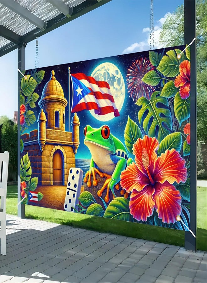 BlissYard Puerto Rico Flag Frog Backdrop Banner 71x43 Inch Indoor Outdoor Party Decor Puerto Rico Events Festivals Wall Banner Hibiscus and Frog Design for Home and Events - Image 1