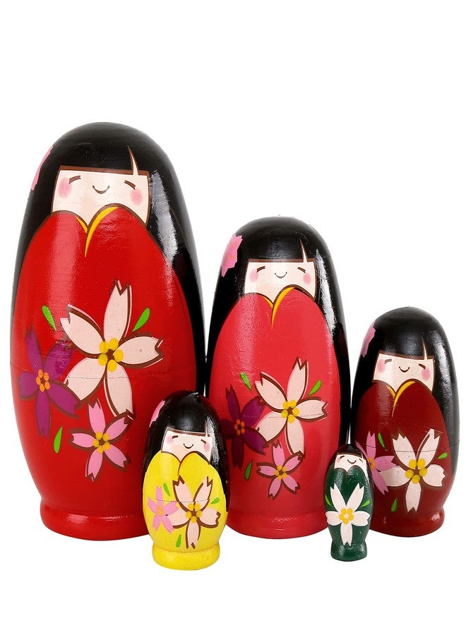 Moonmo 5pcs Beautiful Handmade Wooden Japanese Girl Russia Nesting Dolls Gift Russian Nesting Wishing Dolls Matryoshka Traditional - Image 1