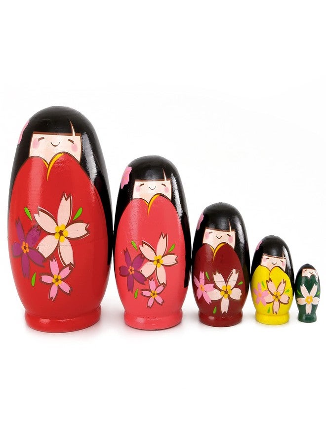 Moonmo 5pcs Beautiful Handmade Wooden Japanese Girl Russia Nesting Dolls Gift Russian Nesting Wishing Dolls Matryoshka Traditional - Image 3