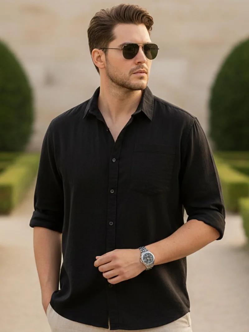 Urbano Fashion  Urbano Plus Men's Black Cotton Full Sleeve Regular Fit Casual Solid Shirt  | Best Price UAE