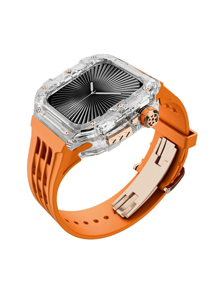 Generic Fluororubber Band with Quick Release Case for Apple Watch Series 10 46mm, Luxury Richard RM Mod Kit for Apple iWatch S10 46mm, Clear-Orange-Rose Gold  - Image 3