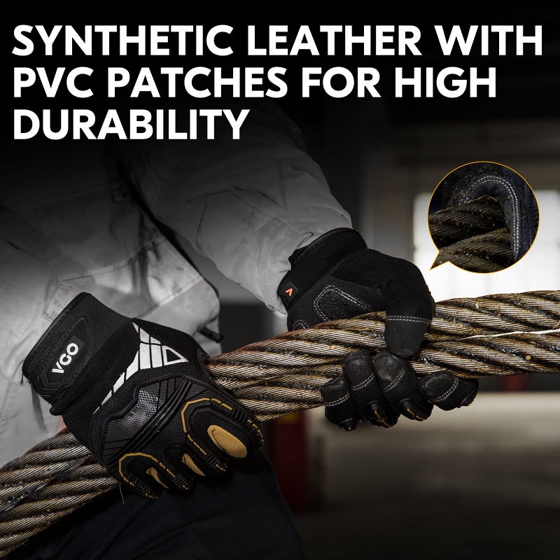 VGO Vgo... 1-Pair Heavy-Duty Synthetic Leather Work Gloves, Impact Protection Mechanic Gloves, Rigger Gloves, High Dexterity, Vibration Reduction, Touchscreen Capable (Size XXL, Black, SL8849)  - Image 4