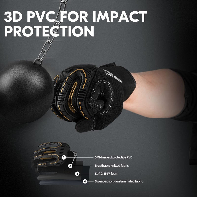 VGO Vgo... 1-Pair Heavy-Duty Synthetic Leather Work Gloves, Impact Protection Mechanic Gloves, Rigger Gloves, High Dexterity, Vibration Reduction, Touchscreen Capable (Size XXL, Black, SL8849)  - Image 2