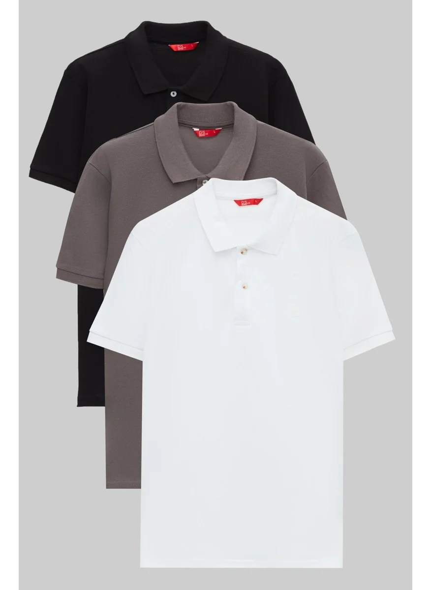 D'S DAMAT Regular Fit Black/Anthracite/White Pique Textured 100% Cotton Polo Neck T-Shirt 6HC14ORTBN510