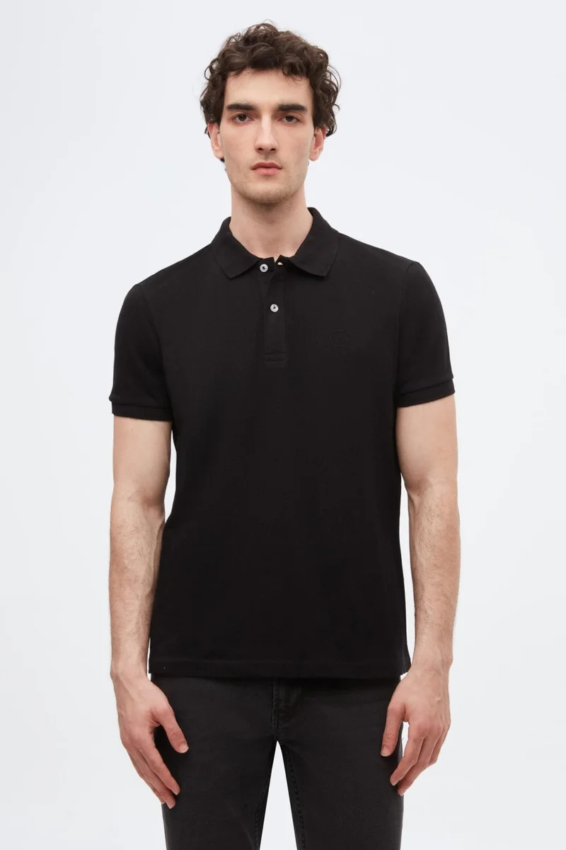 D'S DAMAT Regular Fit Black/Anthracite/White Pique Textured 100% Cotton Polo Neck T-Shirt 6HC14ORTBN510