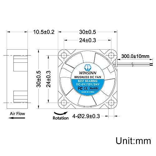 WINSINN 30mm Fan 24V, 3D Printer Micro 24 Volt Fans 3010 Dual Ball Bearing, Brushless Cooling 30mmx10mm 2PIN (Pack of 2Pcs) - Image 2