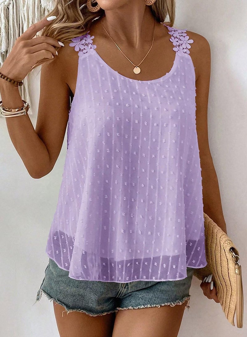 Falechay Spaghetti Strap Tank Top Petite Summer Tops Sleeveless Purple Eyelet Swiss Dot Tank Top for Women Lace Bohemian Womens Shirts Crew Neck Womens Fall Flowy Blouses Loose Tunic Tops L - Image 4
