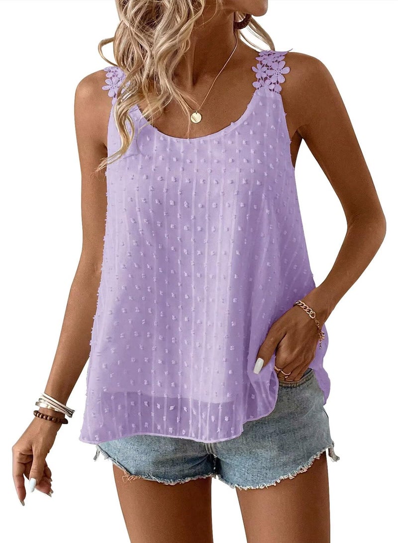 Falechay Spaghetti Strap Tank Top Petite Summer Tops Sleeveless Purple Eyelet Swiss Dot Tank Top for Women Lace Bohemian Womens Shirts Crew Neck Womens Fall Flowy Blouses Loose Tunic Tops L - Image 1