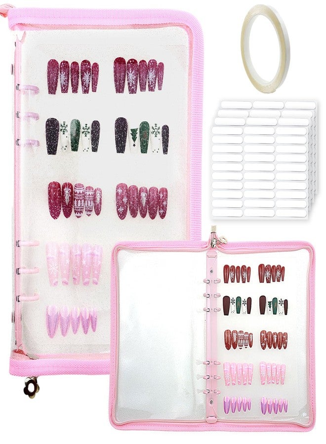Ceoyiler Press On Nail Storage Organizer with 4 Insert Pages - A5 Size Portable False Nail Storage Box for Collecting and Organizing Tips with Tape and Zipper Pocket (Pink) - Image 1